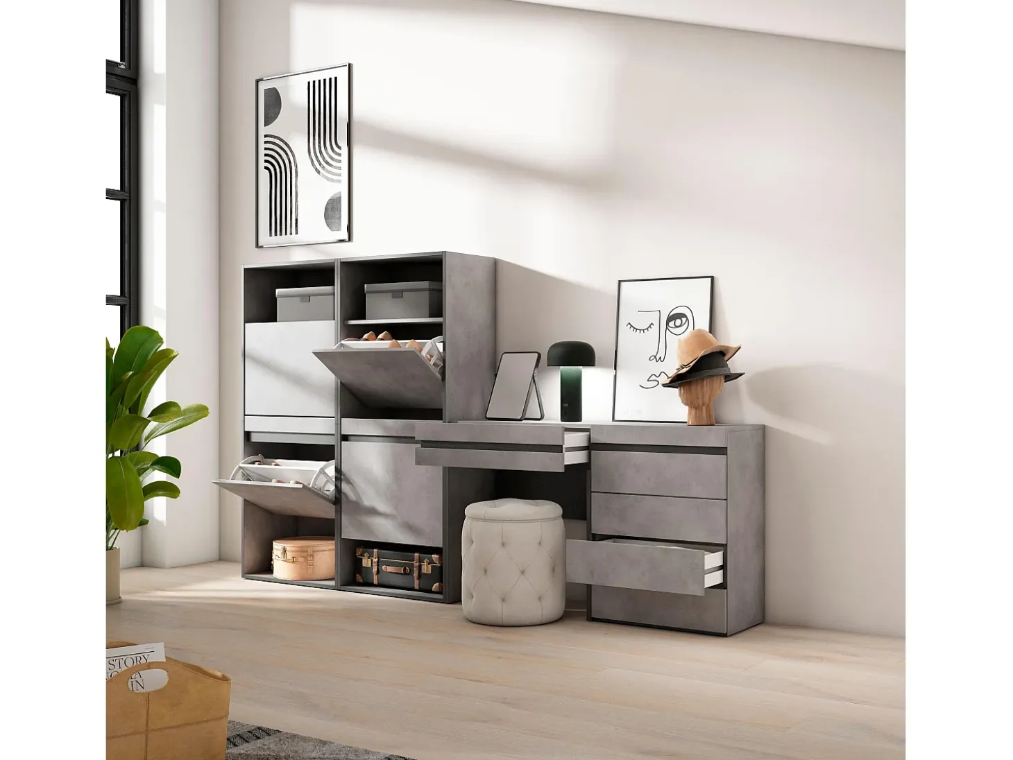 Zapatero, 247x35x145cm, Dormitorio, habitación, Cómoda, Cajonera, Tocador, Cemento