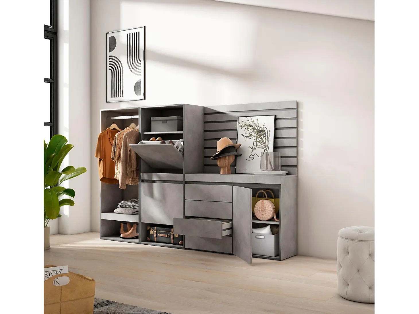 Zapatero, 227x35x145cm, Dormitorio, habitación, Vestidor abierto, Cómoda, Cajonera, Listones Decorativos, Cemento