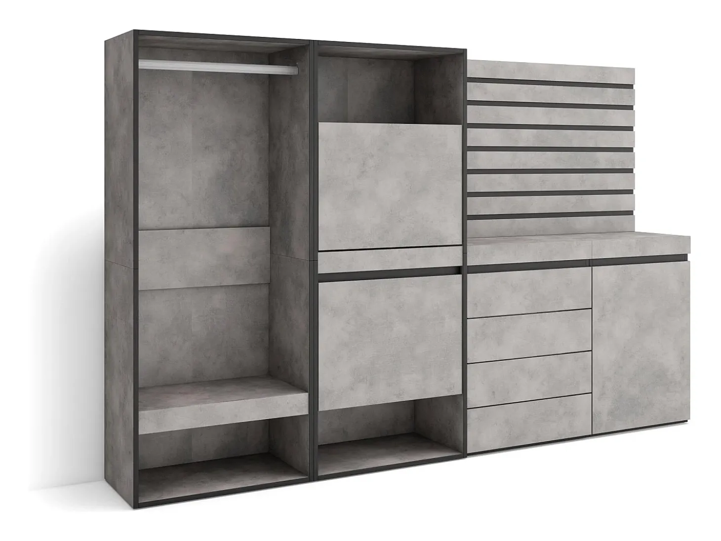 Zapatero, 227x35x145cm, Dormitorio, habitación, Vestidor abierto, Cómoda, Cajonera, Listones Decorativos, Cemento