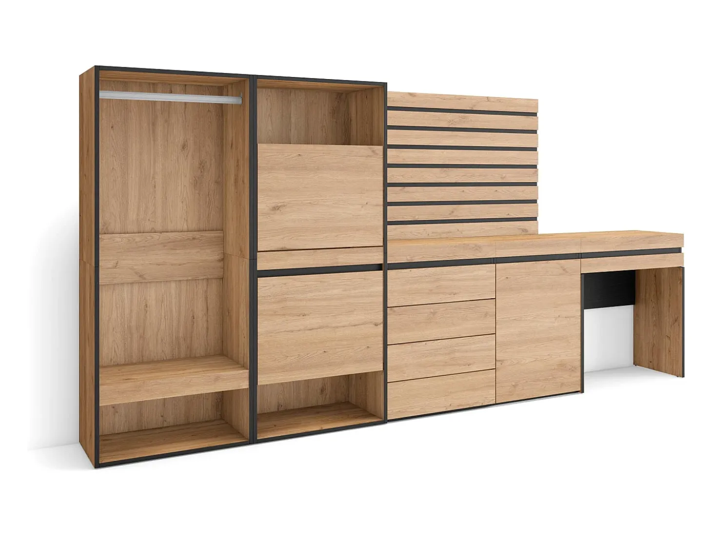 Zapatero, 297x35x145cm, Dormitorio, habitación, Vestidor abierto, Cómoda, Cajonera, Listones Decorativos, Tocador, Roble