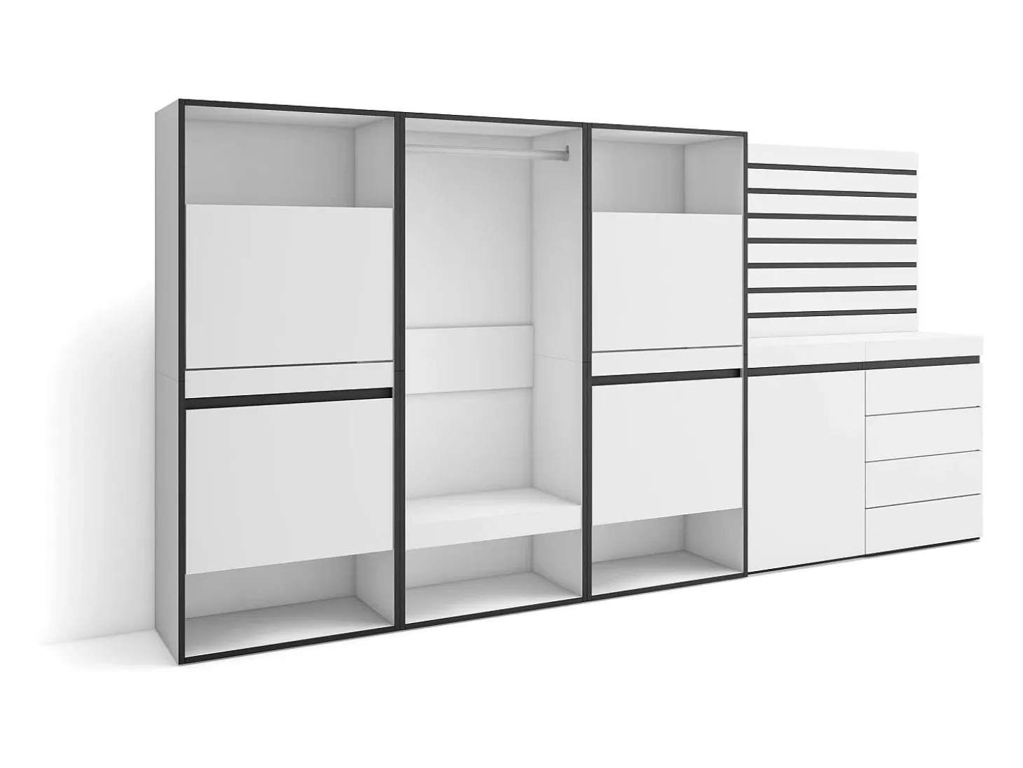 Zapatero, 287x35x145cm, Dormitorio, habitación, Vestidor abierto, Cómoda, Cajonera, Listones Decorativos, Blanco