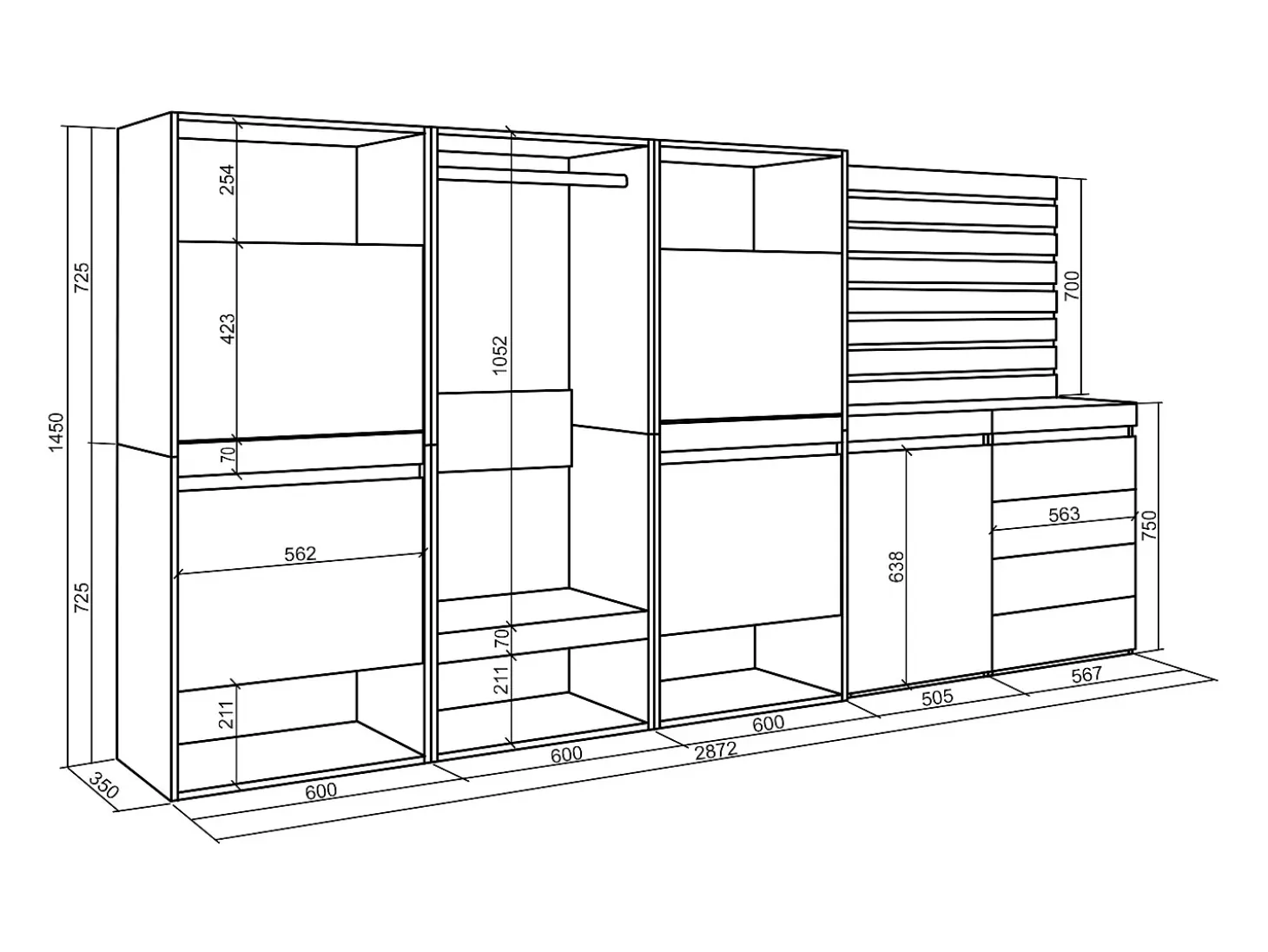 Zapatero, 287x35x145cm, Dormitorio, habitación, Vestidor abierto, Cómoda, Cajonera, Listones Decorativos, Blanco