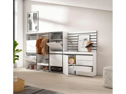 Zapatero, 287x35x145cm, Dormitorio, habitación, Vestidor abierto, Cómoda, Cajonera, Listones Decorativos, Blanco