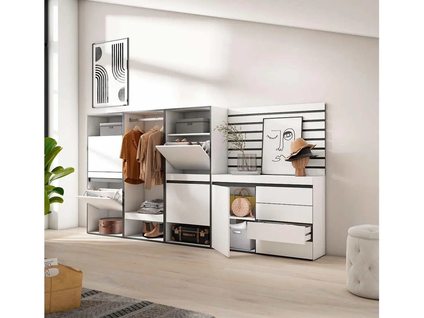Zapatero, 287x35x145cm, Dormitorio, habitación, Vestidor abierto, Cómoda, Cajonera, Listones Decorativos, Blanco