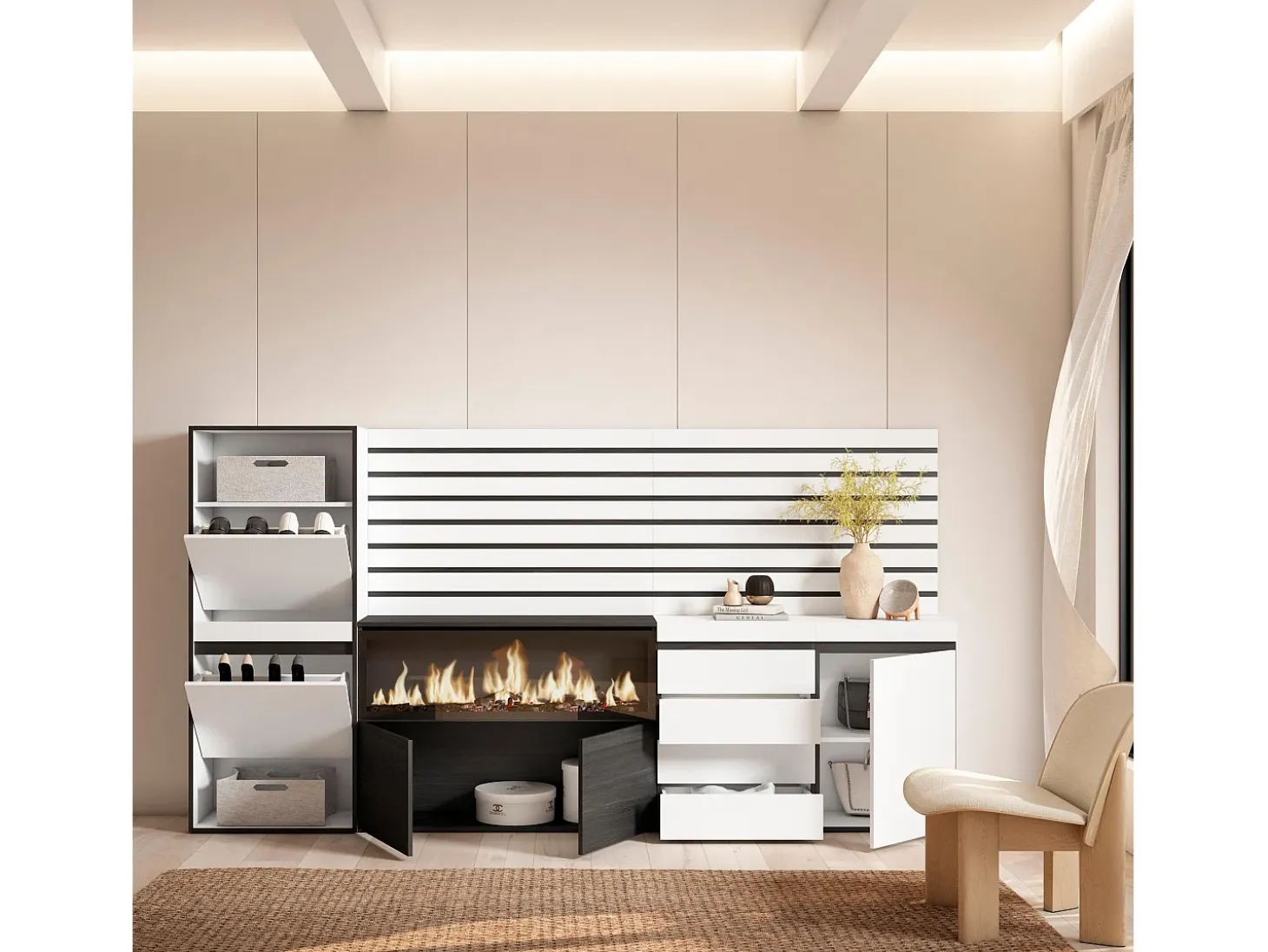 Zapatero, 274x35x145cm, Dormitorio, habitación, Chimenea eléctrica XXL, Cómoda, Cajonera, Listones Decorativos, Blanco