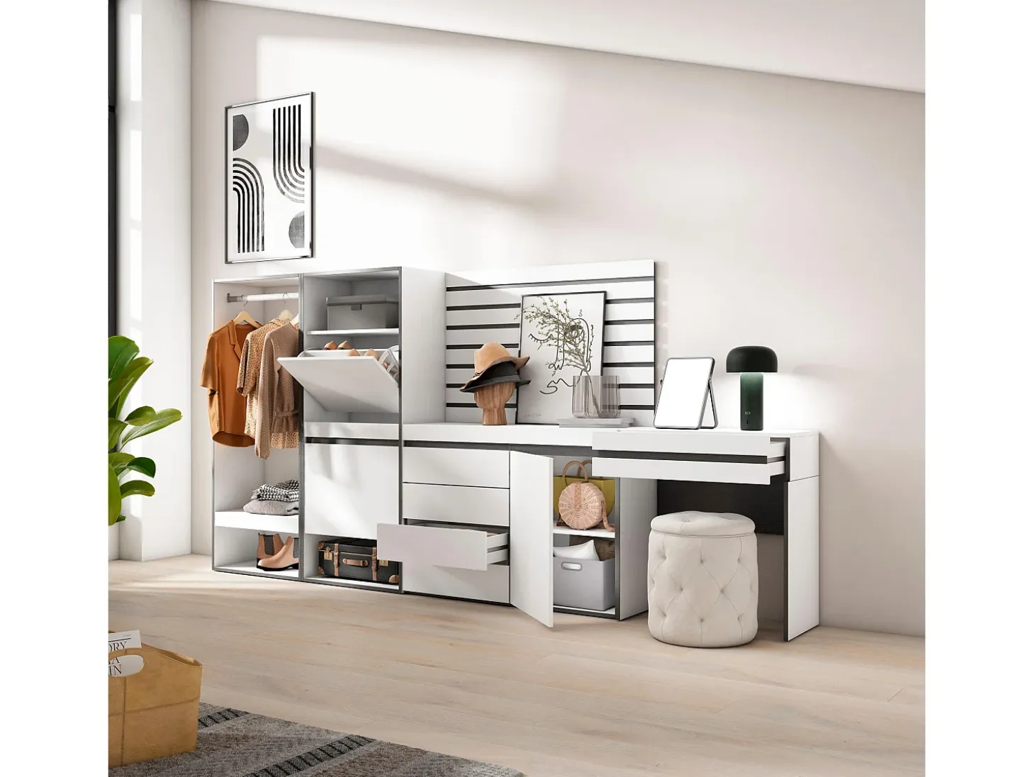 Zapatero, 297x35x145cm, Dormitorio, habitación, Vestidor abierto, Cómoda, Cajonera, Listones Decorativos, Tocador, Blanco