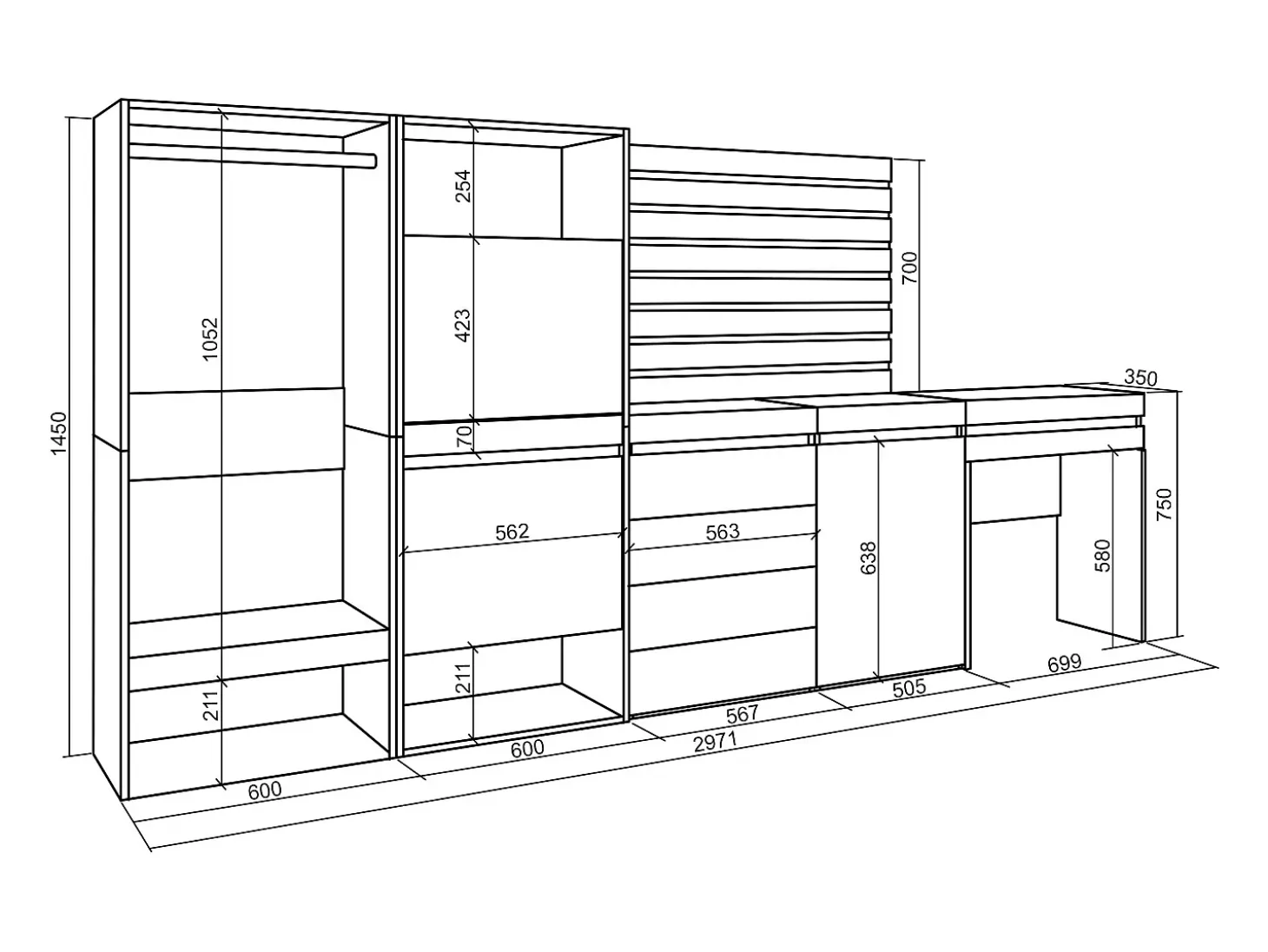 Zapatero, 297x35x145cm, Dormitorio, habitación, Vestidor abierto, Cómoda, Cajonera, Listones Decorativos, Tocador, Blanco