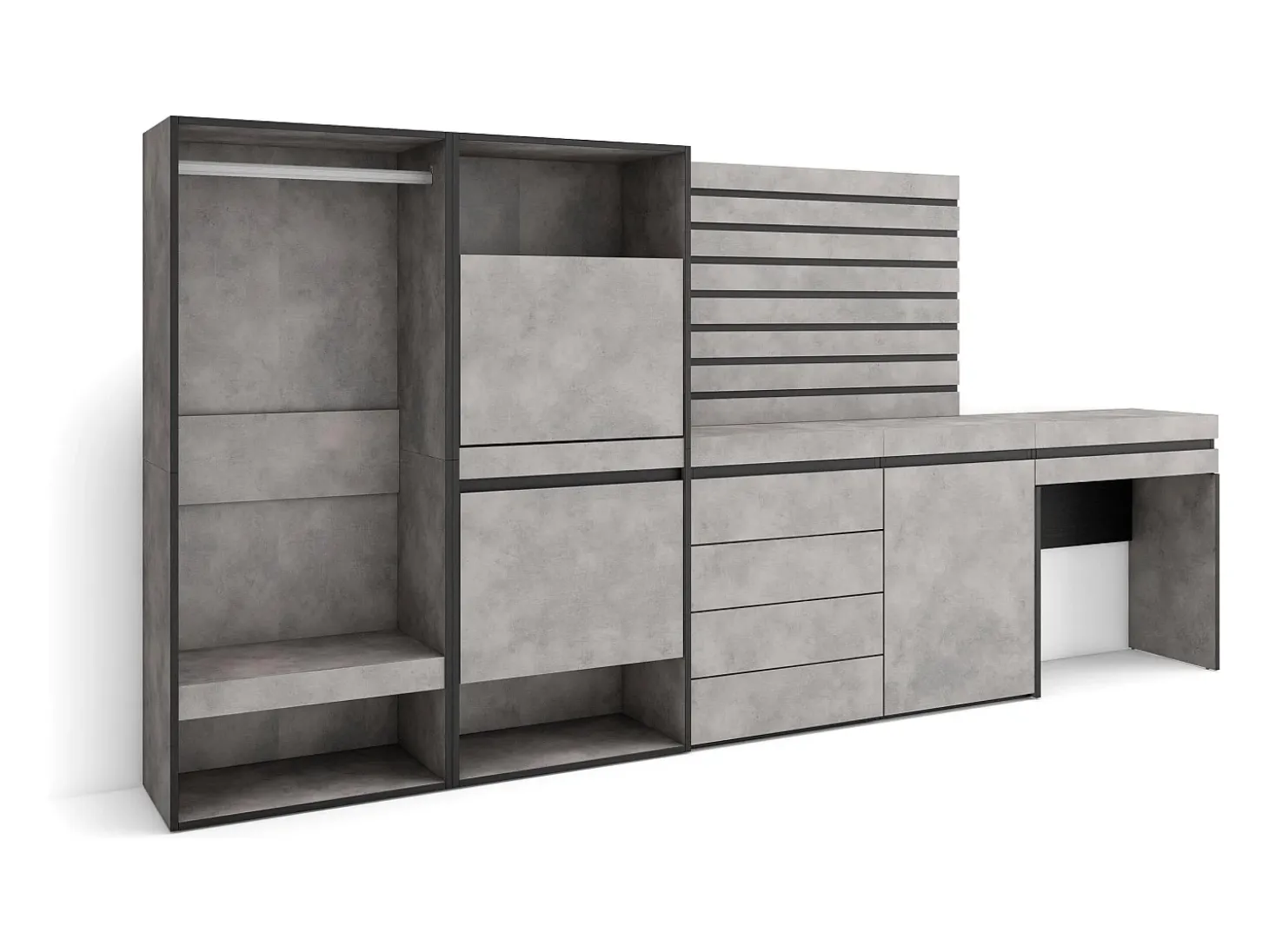 Zapatero, 297x35x145cm, Dormitorio, habitación, Vestidor abierto, Cómoda, Cajonera, Listones Decorativos, Tocador, Cemento