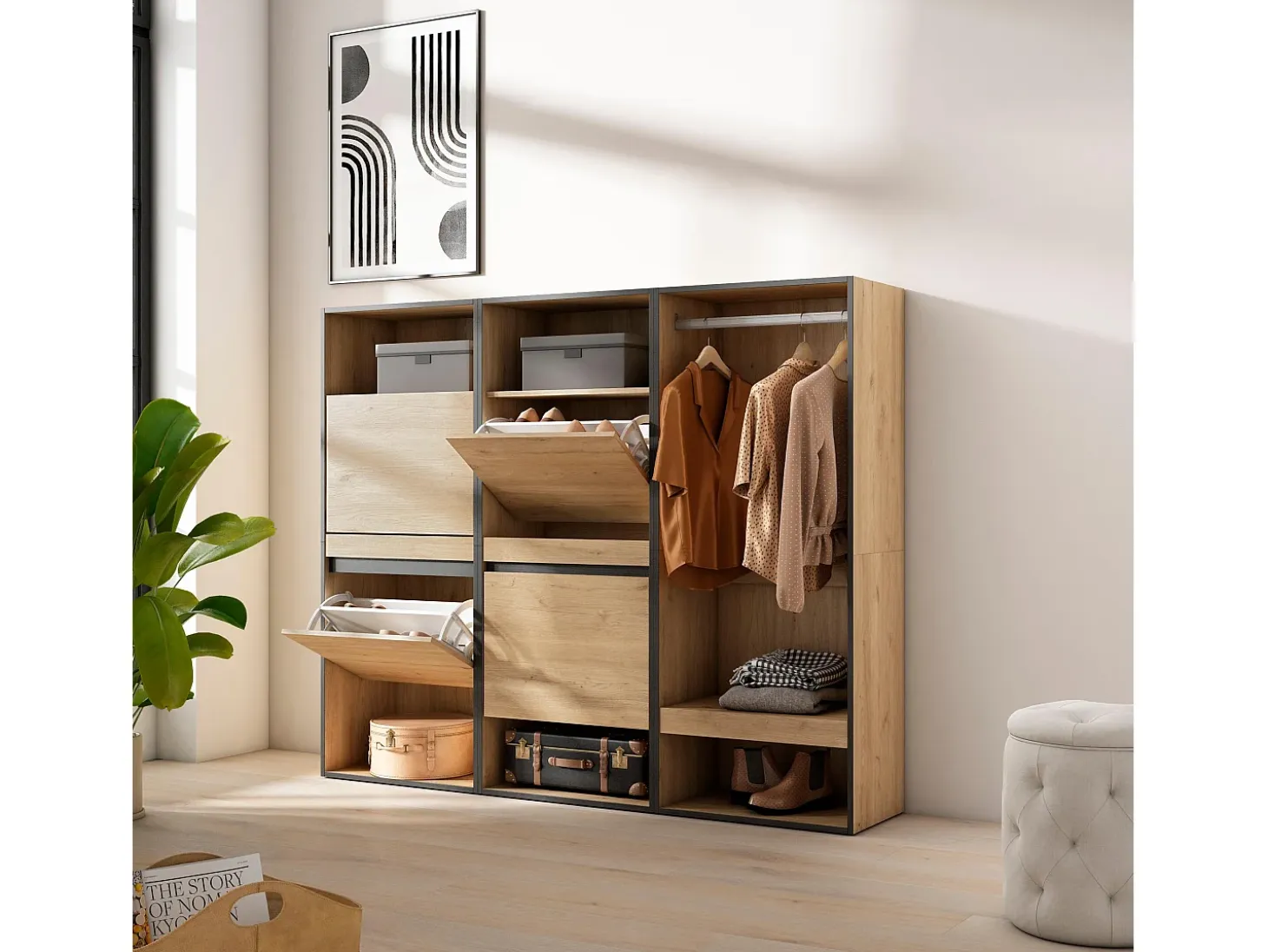 Zapatero, 180x35x145cm, Dormitorio, habitación, Vestidor abierto, Roble
