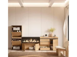 Zapatero, 274x35x145cm, Dormitorio, habitación, Chimenea eléctrica XXL, Cómoda, Cajonera, Roble