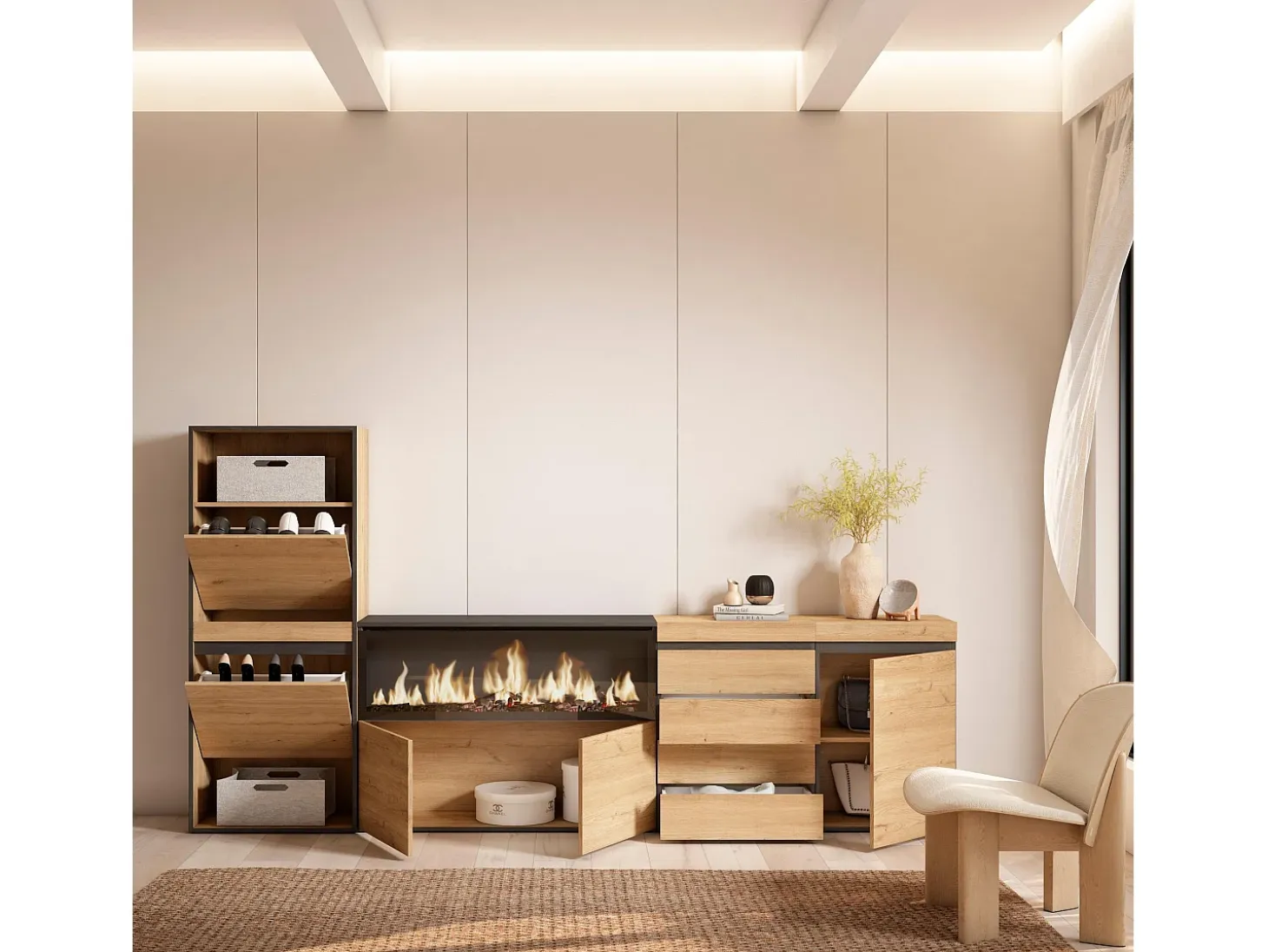 Zapatero, 274x35x145cm, Dormitorio, habitación, Chimenea eléctrica XXL, Cómoda, Cajonera, Roble