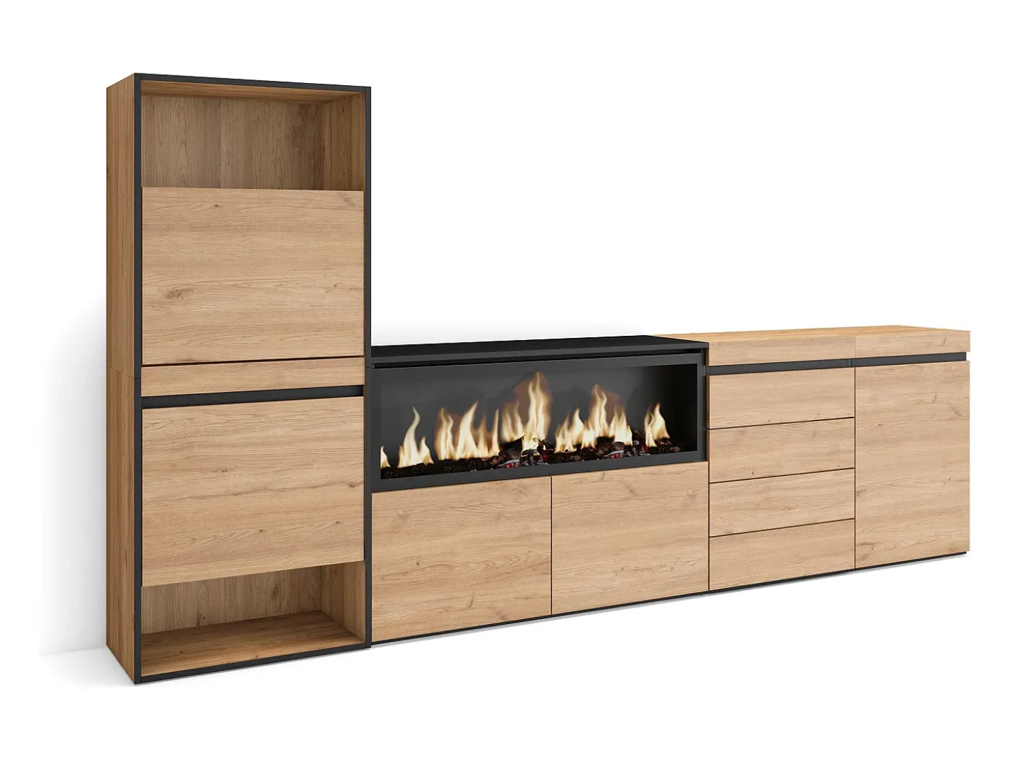 Zapatero, 274x35x145cm, Dormitorio, habitación, Chimenea eléctrica XXL, Cómoda, Cajonera, Roble