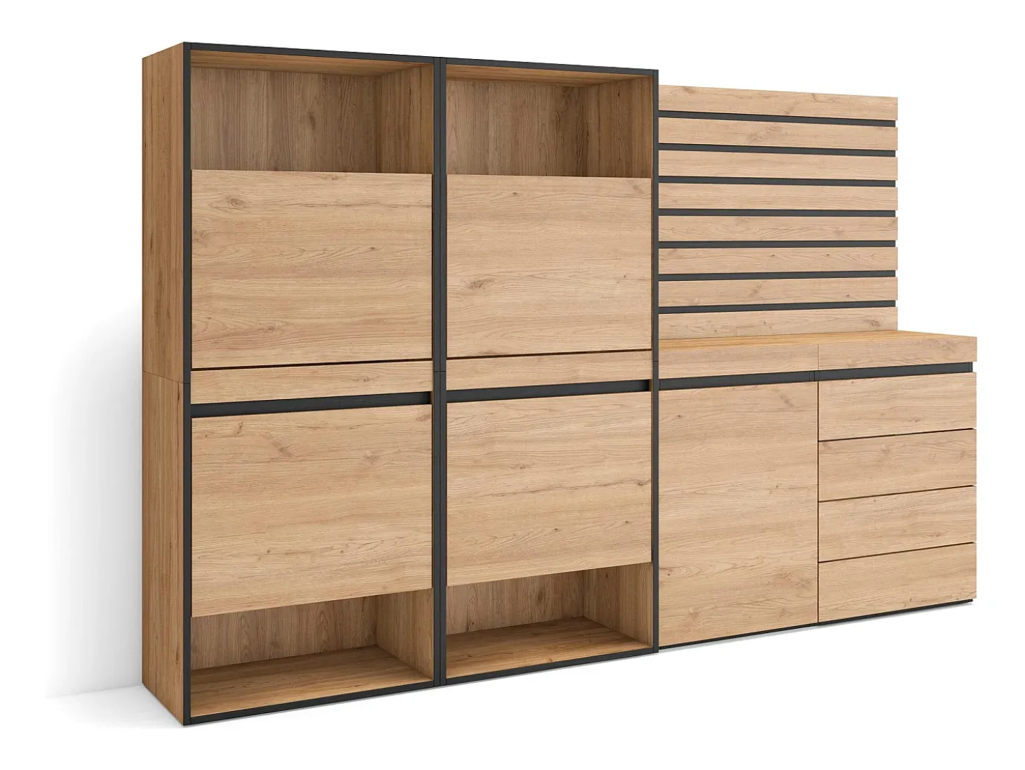 Zapatero, 227x35x145cm, Dormitorio, habitación, Cómoda, Cajonera, Listones Decorativos, Roble