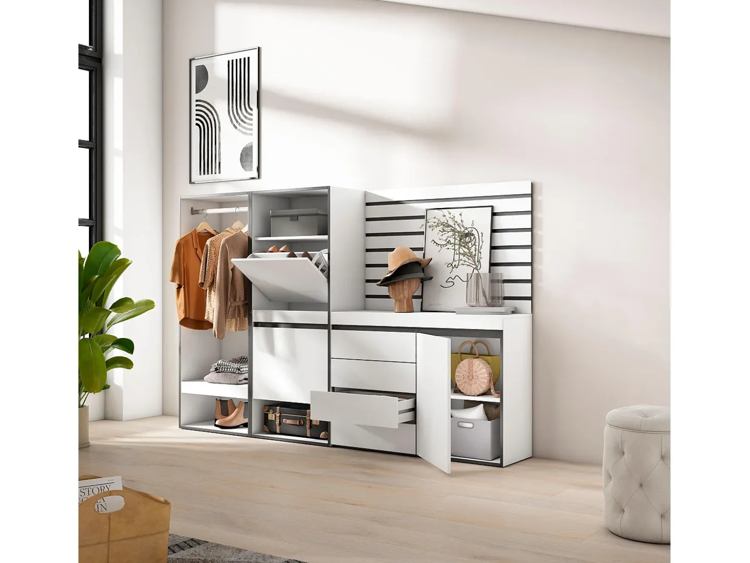 Zapatero, 227x35x145cm, Dormitorio, habitación, Vestidor abierto, Cómoda, Cajonera, Listones Decorativos, Blanco