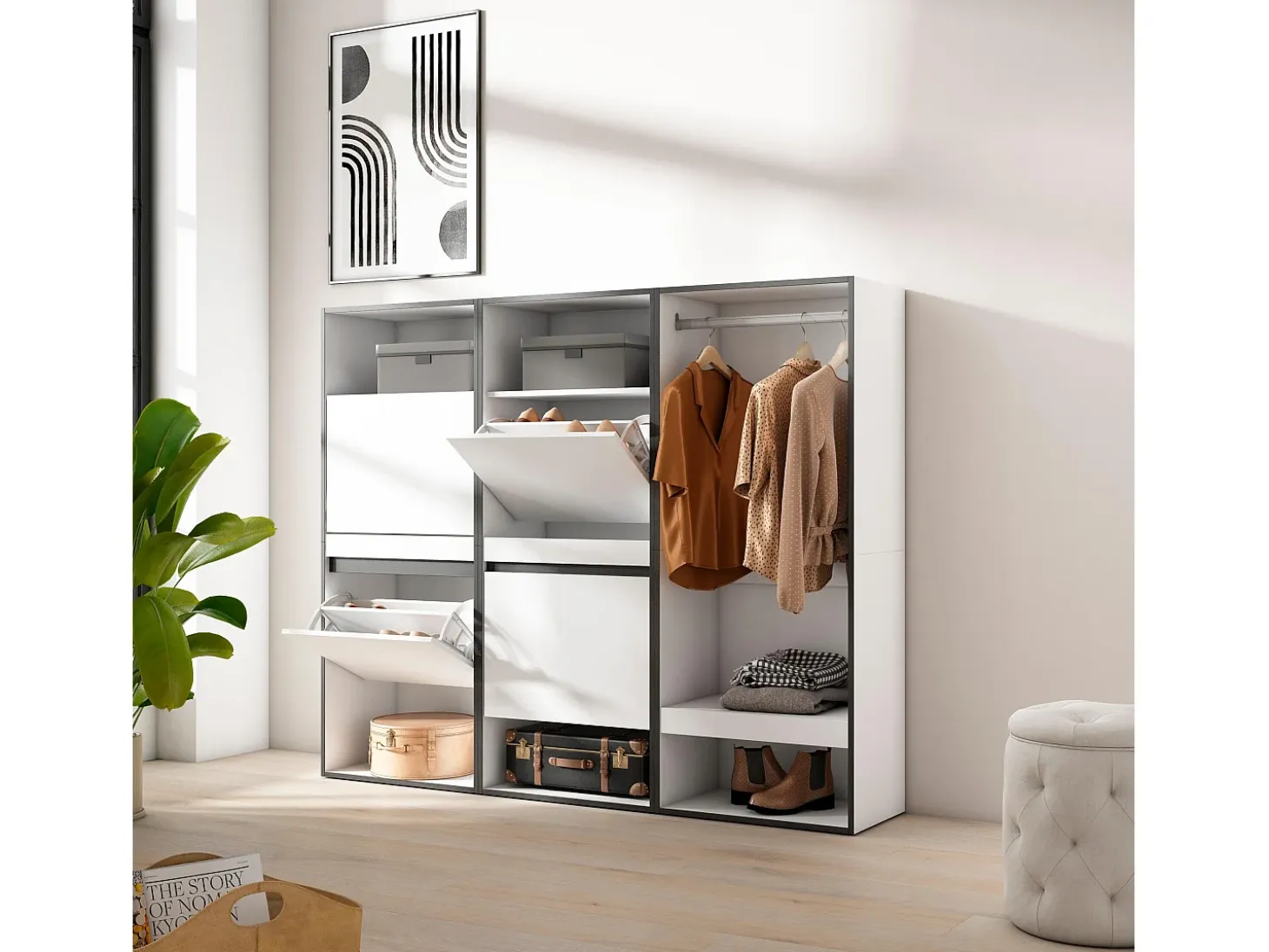 Zapatero, 180x35x145cm, Dormitorio, habitación, Vestidor abierto, Blanco