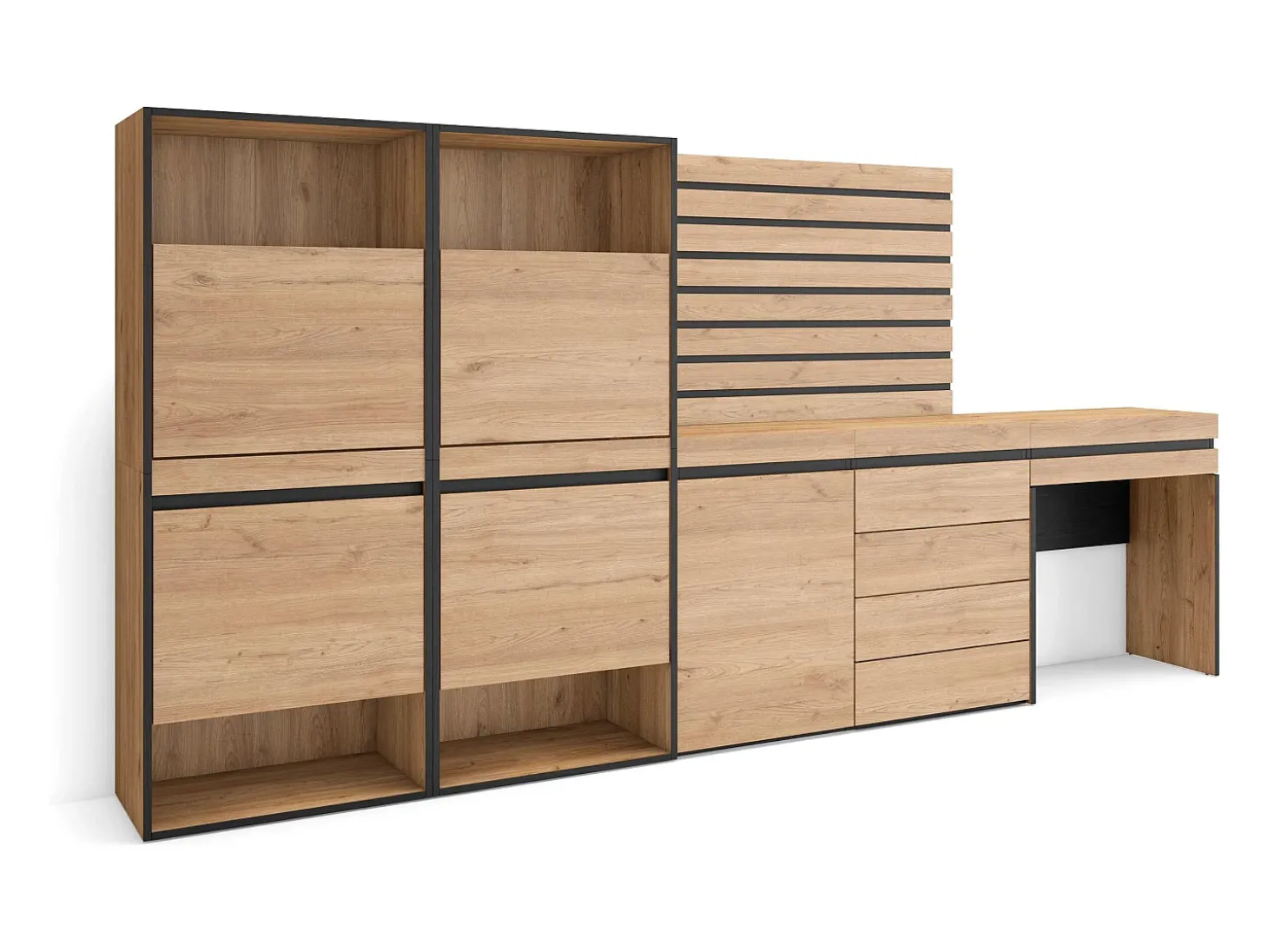 Zapatero, 297x35x145cm, Dormitorio, habitación, Cómoda, Cajonera, Listones Decorativos, Tocador, Roble