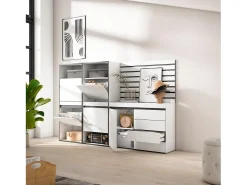 Zapatero, 227x35x145cm, Dormitorio, habitación, Cómoda, Cajonera, Listones Decorativos, Blanco