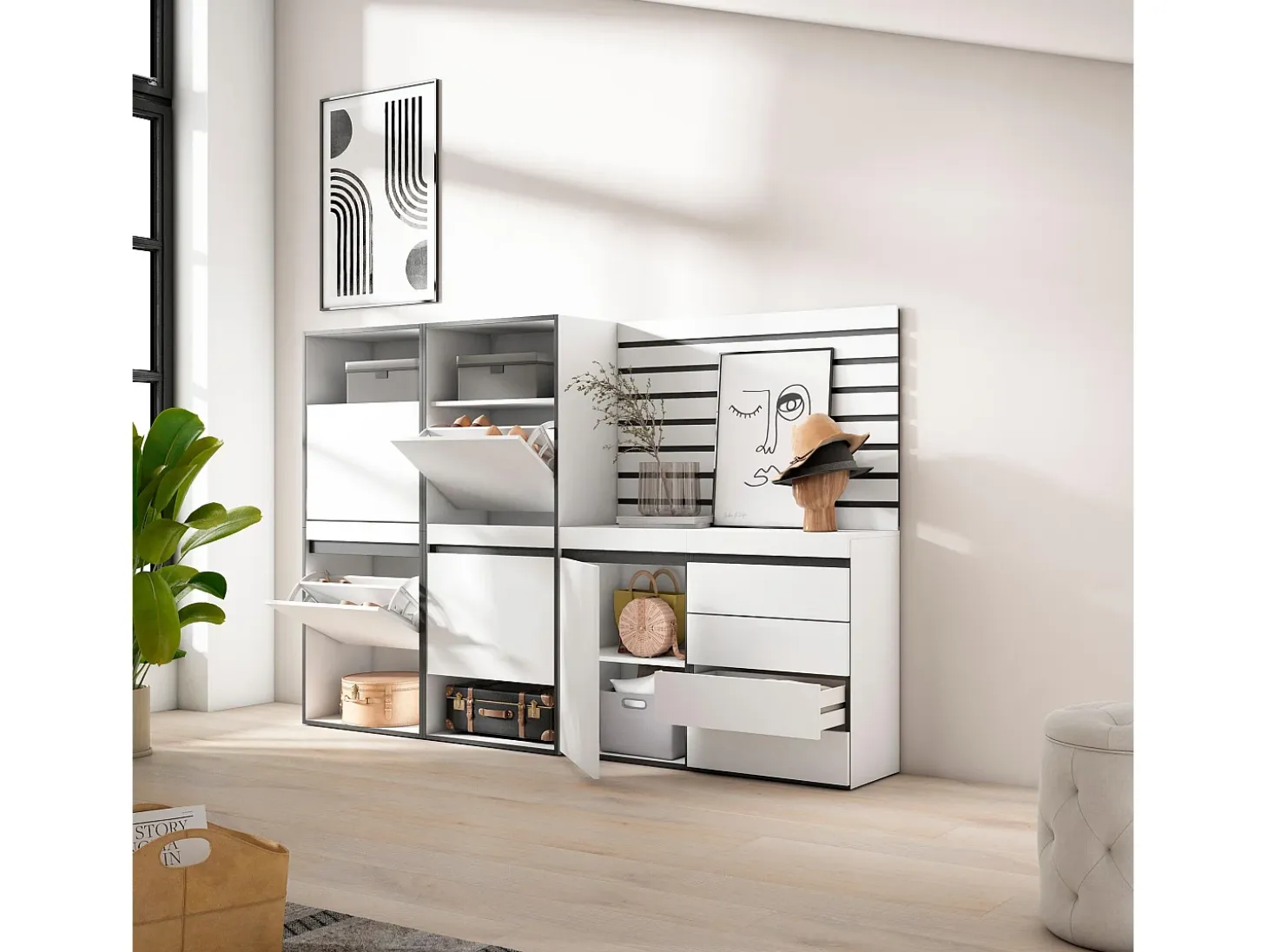 Zapatero, 227x35x145cm, Dormitorio, habitación, Cómoda, Cajonera, Listones Decorativos, Blanco