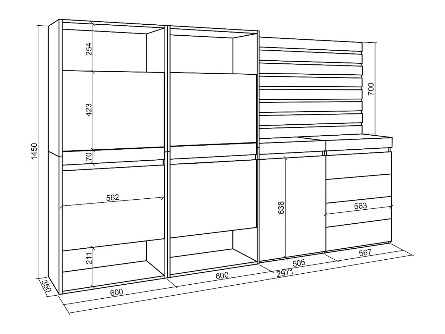Zapatero, 227x35x145cm, Dormitorio, habitación, Cómoda, Cajonera, Listones Decorativos, Blanco