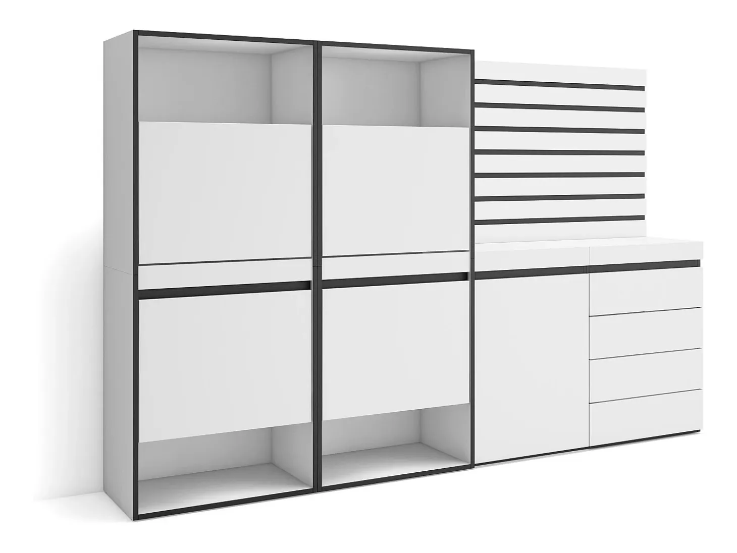 Zapatero, 227x35x145cm, Dormitorio, habitación, Cómoda, Cajonera, Listones Decorativos, Blanco