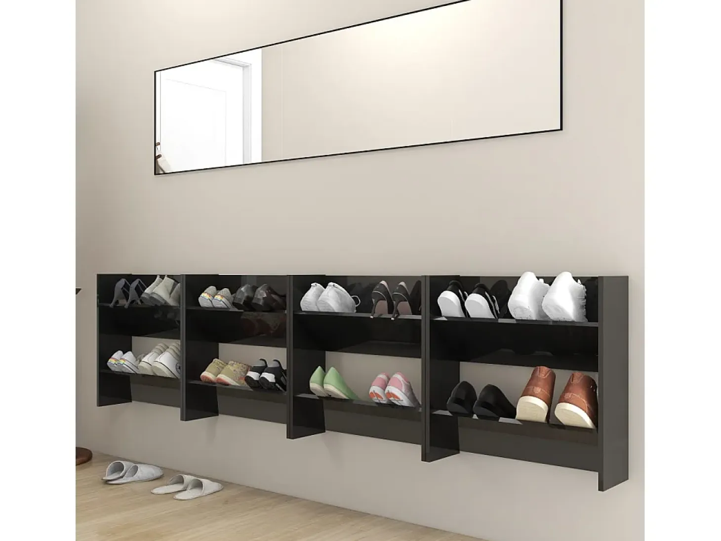 Zapateros de pared 4 uds contrachapada negro brillo 60x18x60 cm ES894574